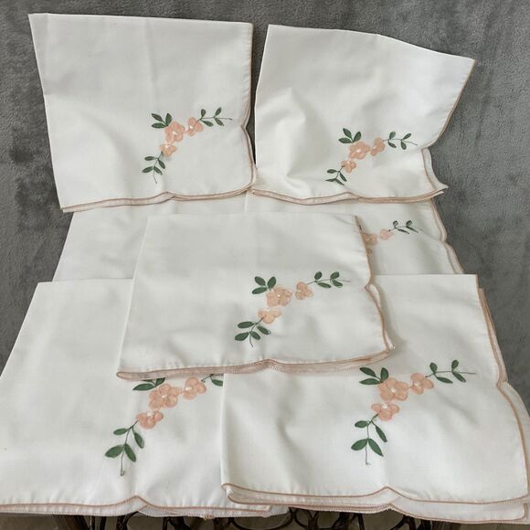Vintage Hand Embroidered Pink Flowers  / Green Leaves Cloth Napkins Lot of 7 - Picture 1 of 4